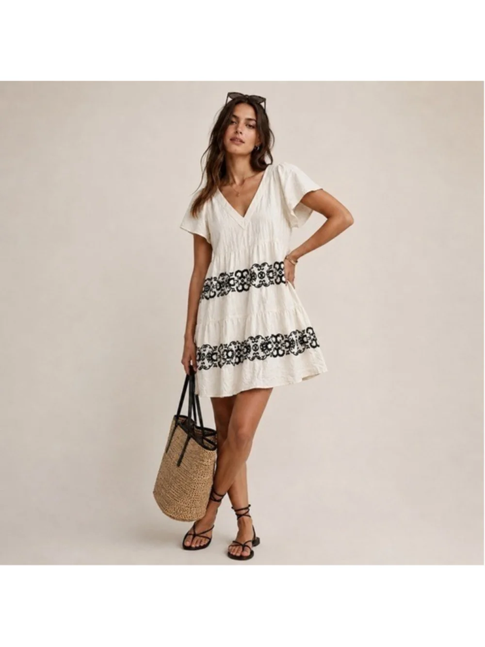 Old Navy Ivory Embroidered Flutter Sleeve Mini Dress Sz L Tall